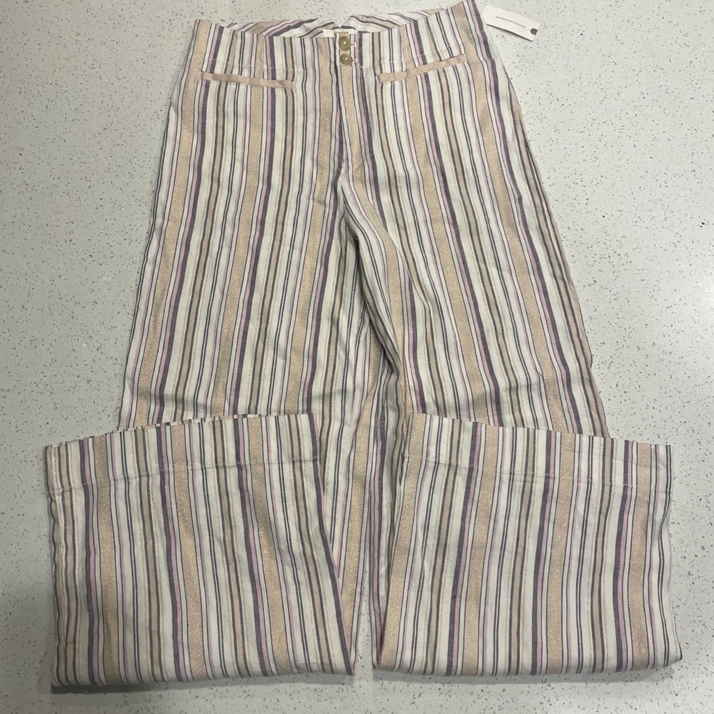 Maeve Anthropologie Linen Crop Pants Striped Multicolor Wide Leg Size 8 NWT